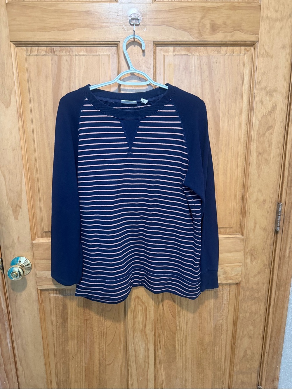 L.L. Bean Navy and Light Pink Striped Raglan Pullover